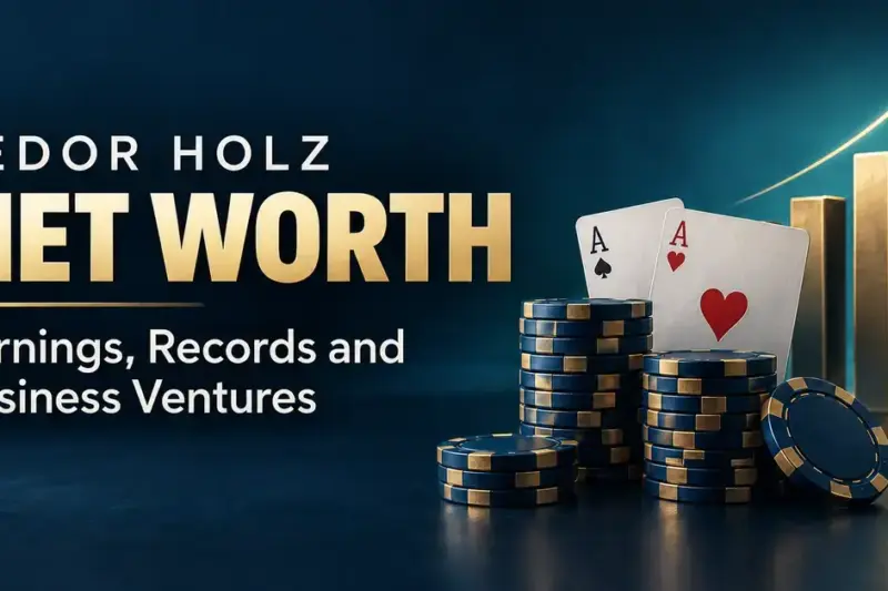 Poker chips, ace playing cards, and rising gold bars accompany the title “Fedor Holz Net Worth: Earnings, Records and Business Ventures” on a navy background.