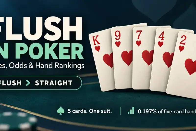 A king-high heart flush with K, 9, 7, 4, and 2 illustrates that a flush beats a straight and occurs in 0.197% of five-card poker hands.