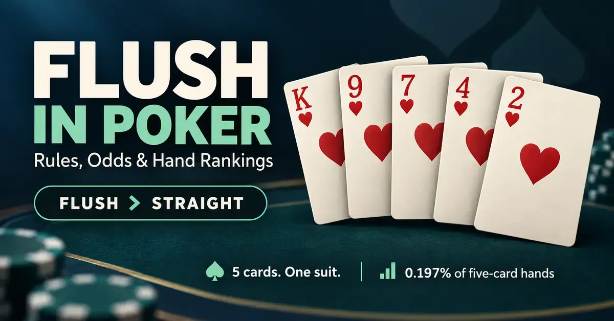 A king-high heart flush with K, 9, 7, 4, and 2 illustrates that a flush beats a straight and occurs in 0.197% of five-card poker hands.
