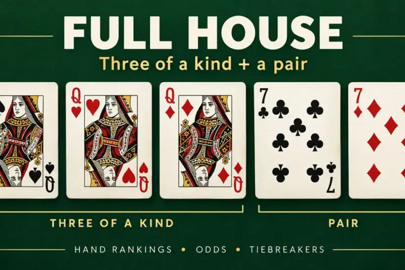 A full house poker hand with three queens and two sevens, labeled to show three of a kind plus a pair on a dark green background.