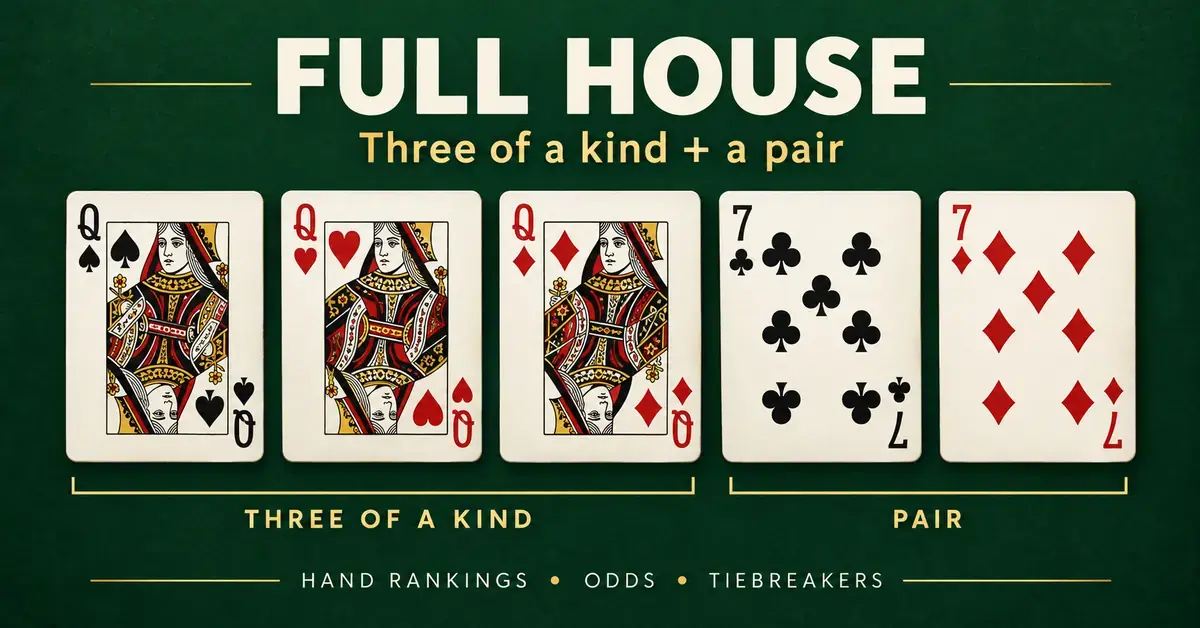 A full house poker hand with three queens and two sevens, labeled to show three of a kind plus a pair on a dark green background.