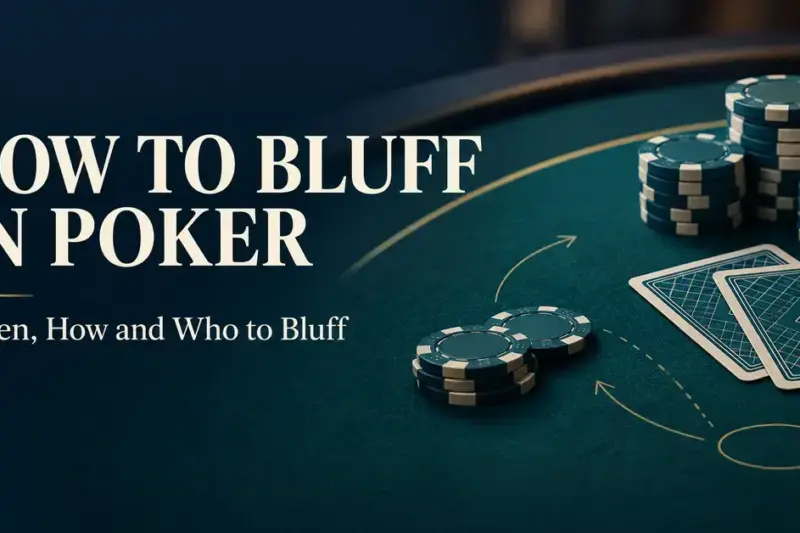 Poker chips and face-down cards on a teal table with the headline “How to Bluff in Poker” and subtitle “When, How and Who to Bluff.”