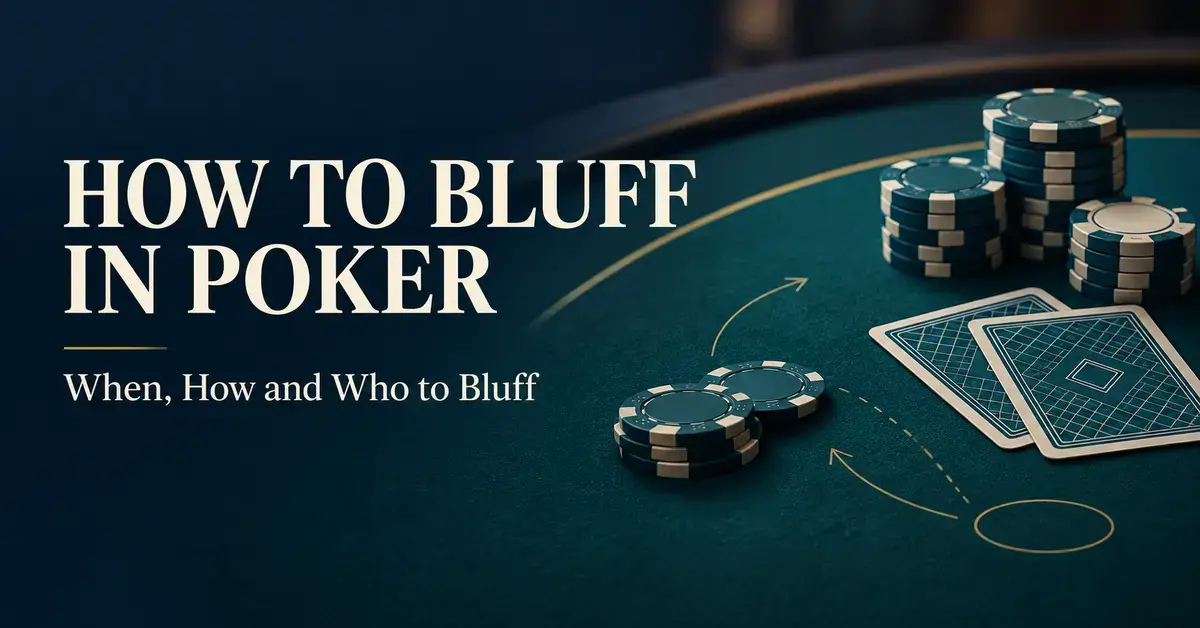 Poker chips and face-down cards on a teal table with the headline “How to Bluff in Poker” and subtitle “When, How and Who to Bluff.”