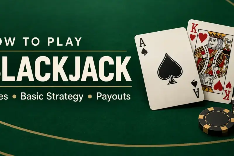 An ace of spades, a king of hearts, and casino chips on green felt beside the text “How to Play Blackjack: Rules, Basic Strategy, Payouts.”