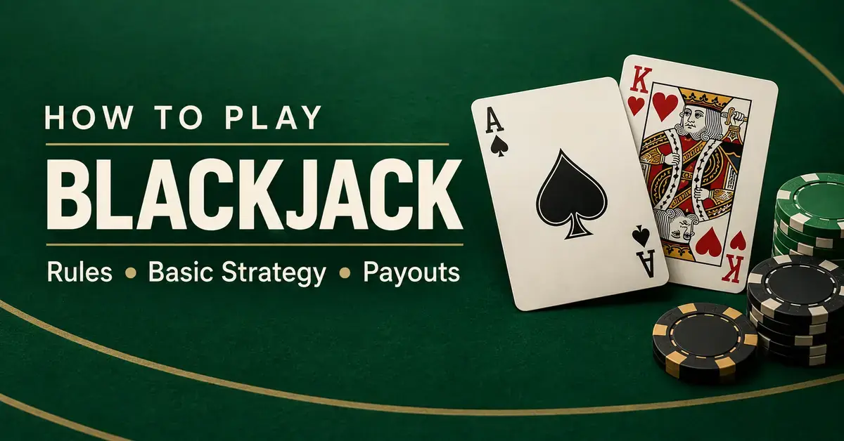 An ace of spades, a king of hearts, and casino chips on green felt beside the text “How to Play Blackjack: Rules, Basic Strategy, Payouts.”