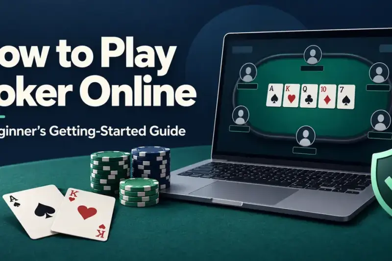 A laptop displaying an online poker table sits beside playing cards, poker chips, and a safety shield beneath the heading “How to Play Poker Online: A Beginner’s Getting-Started Guide.”