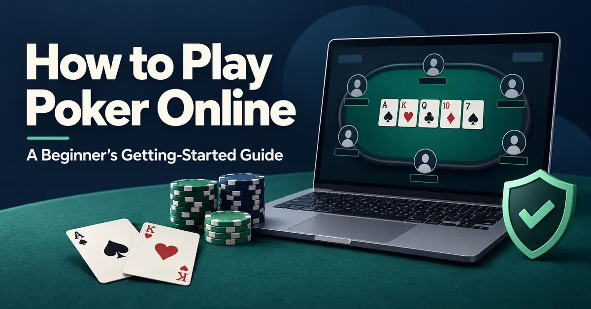 A laptop displaying an online poker table sits beside playing cards, poker chips, and a safety shield beneath the heading “How to Play Poker Online: A Beginner’s Getting-Started Guide.”