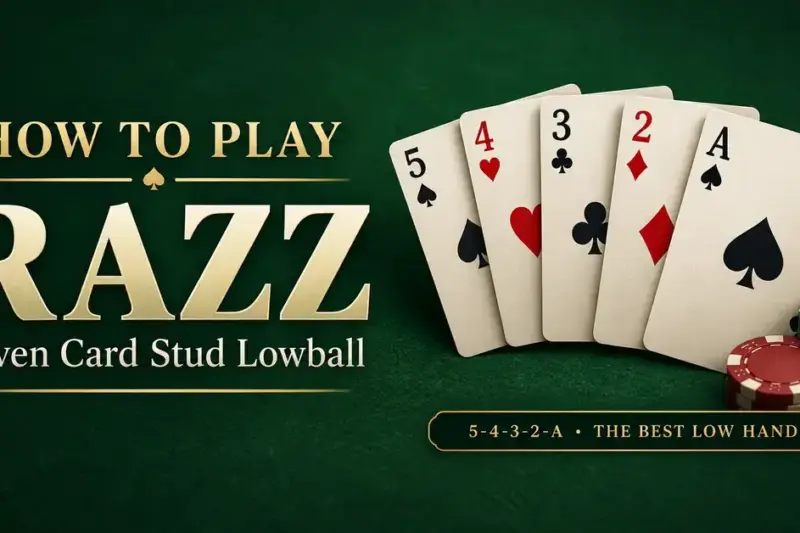 Razz poker graphic showing the best low hand, 5-4-3-2-A, beside poker chips and the title “How to Play Razz: Seven Card Stud Lowball.”