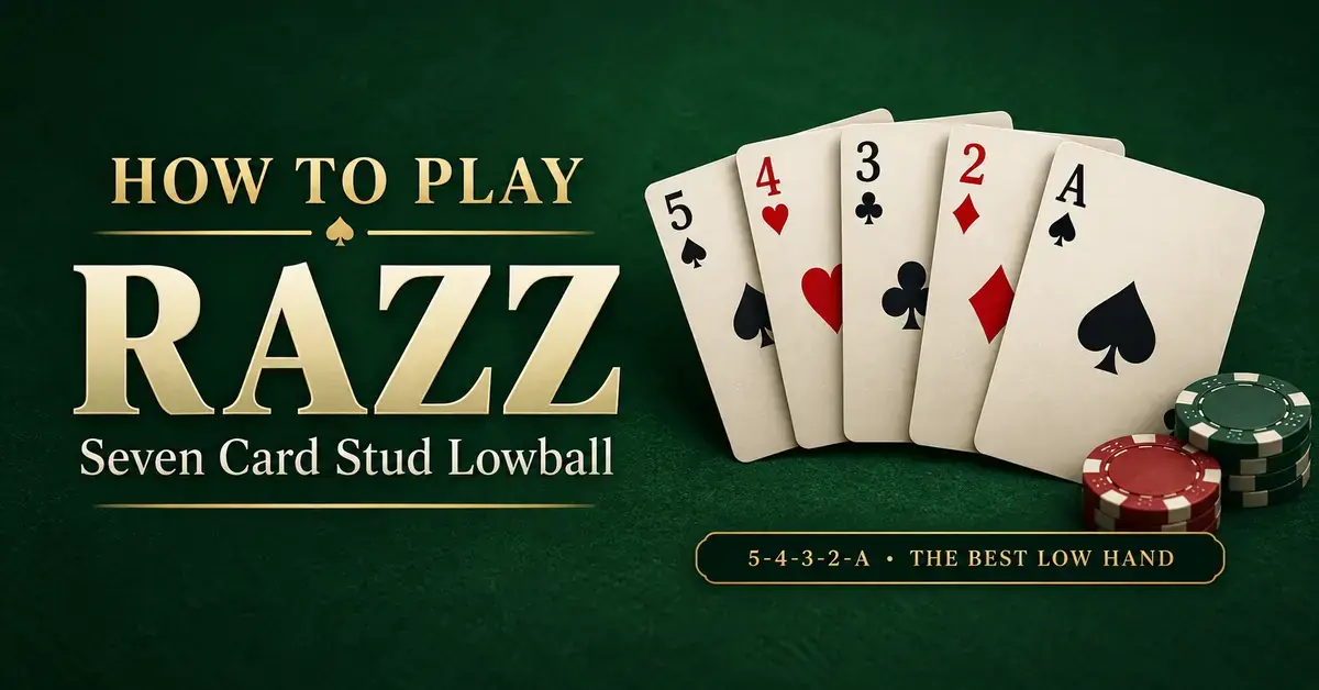 Razz poker graphic showing the best low hand, 5-4-3-2-A, beside poker chips and the title “How to Play Razz: Seven Card Stud Lowball.”