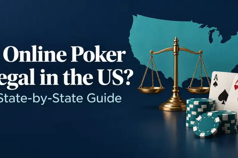 A graphic titled “Is Online Poker Legal in the US? A State-by-State Guide” with a United States silhouette, scales of justice, playing cards, and poker chips.