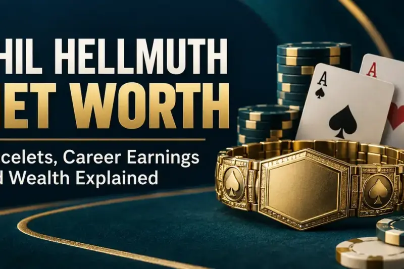Gold poker bracelet, stacked chips, and ace cards beside the title Phil Hellmuth Net Worth: Bracelets, Career Earnings and Wealth Explained.