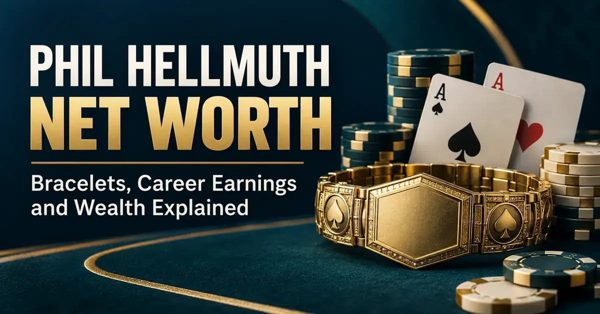 Gold poker bracelet, stacked chips, and ace cards beside the title Phil Hellmuth Net Worth: Bracelets, Career Earnings and Wealth Explained.
