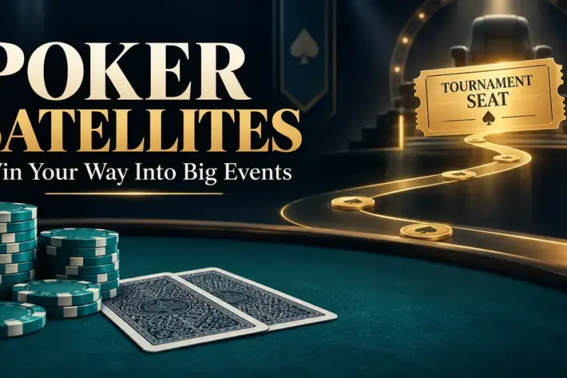 Poker chips and face-down cards beside a golden path leading to a tournament seat ticket, illustrating qualification through poker satellite tournaments.