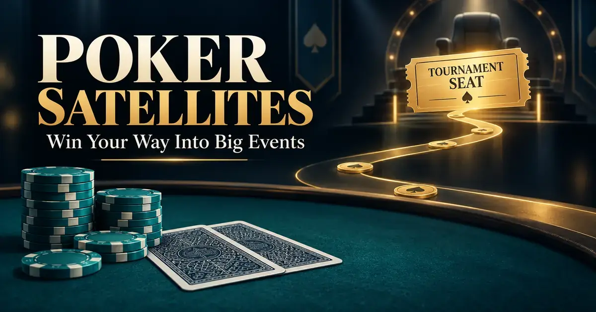 Poker chips and face-down cards beside a golden path leading to a tournament seat ticket, illustrating qualification through poker satellite tournaments.