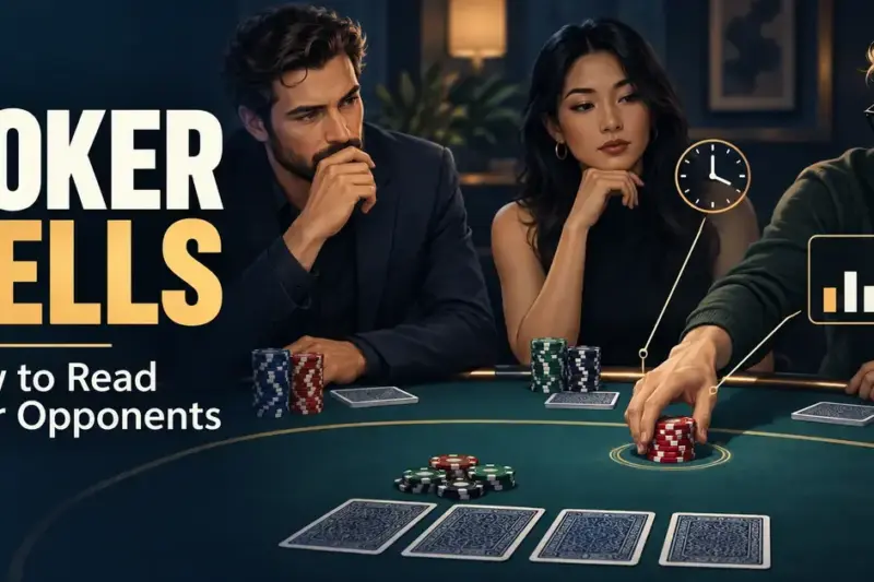 Three illustrated poker players at a table, with a clock and chart highlighting bet timing and patterns beside the heading “Poker Tells.”