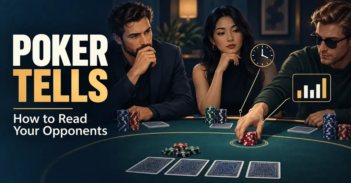 Three illustrated poker players at a table, with a clock and chart highlighting bet timing and patterns beside the heading “Poker Tells.”