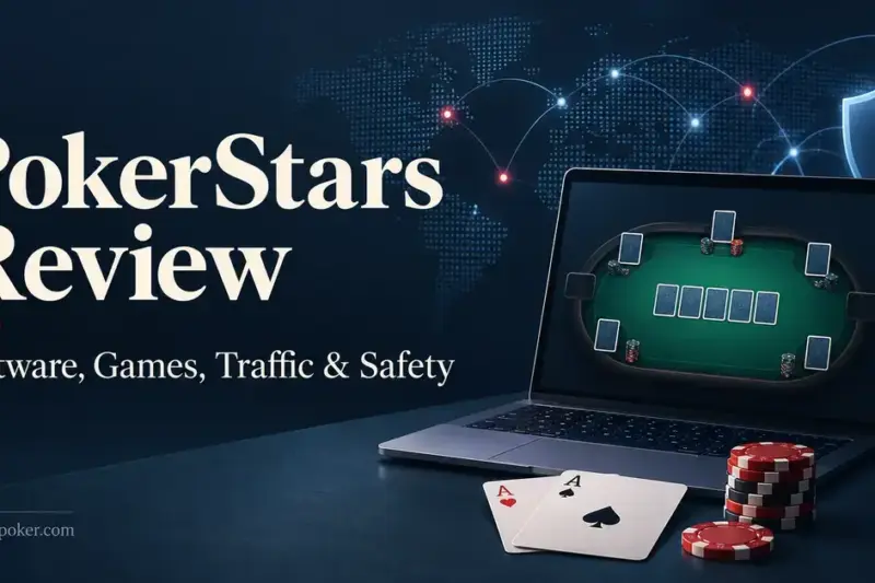 PokerStars review graphic featuring an online poker table on a laptop, playing cards, poker chips, network connections, and a security shield.