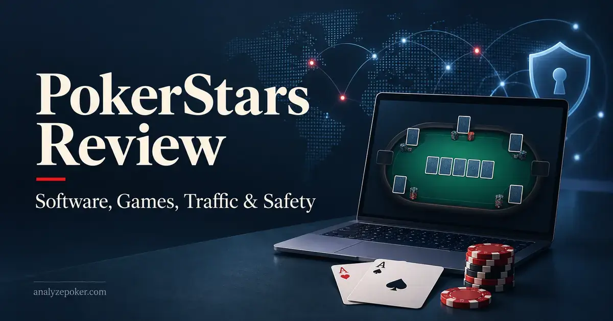 PokerStars review graphic featuring an online poker table on a laptop, playing cards, poker chips, network connections, and a security shield.