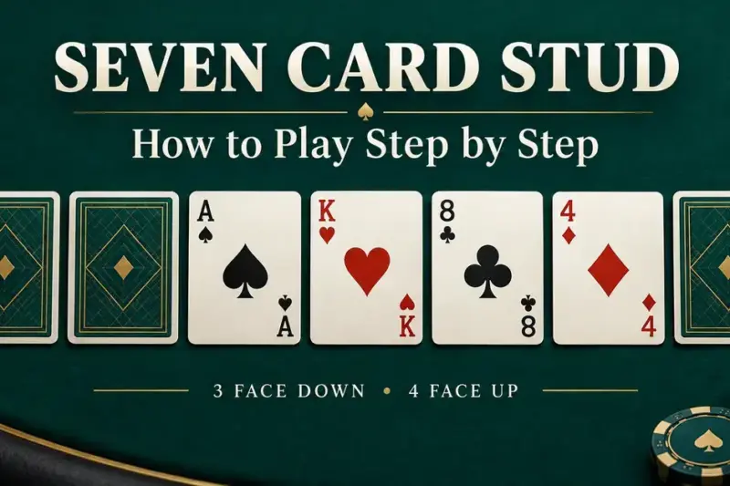 Seven Card Stud graphic showing three face-down cards and four face-up cards on a teal poker table beneath the title “How to Play Step by Step.”