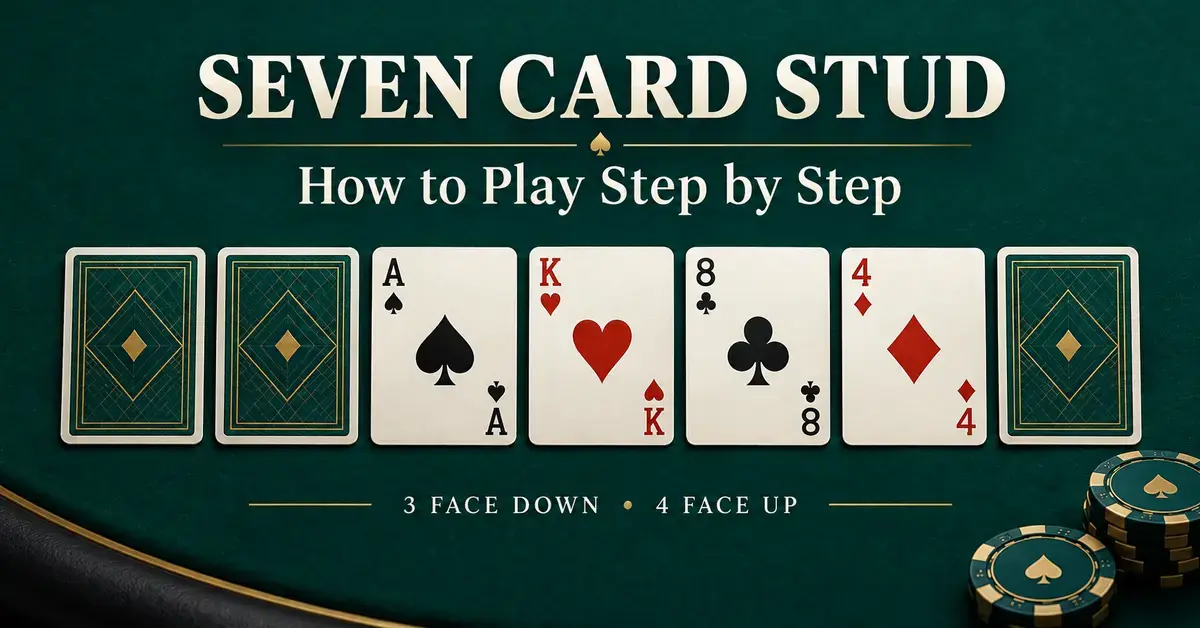 Seven Card Stud graphic showing three face-down cards and four face-up cards on a teal poker table beneath the title “How to Play Step by Step.”
