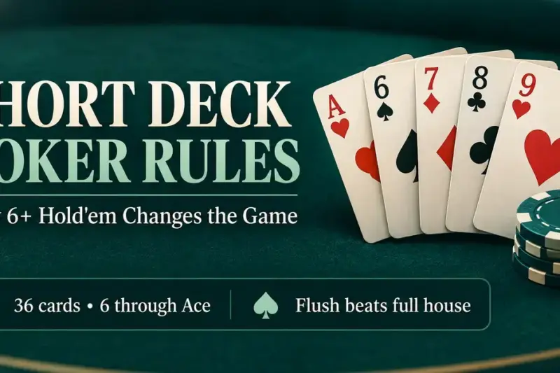Short deck poker graphic showing A-6-7-8-9 playing cards and poker chips, highlighting the 36-card deck and the rule that a flush beats a full house.