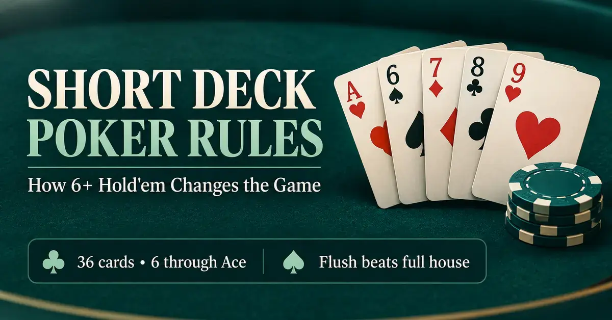 Short deck poker graphic showing A-6-7-8-9 playing cards and poker chips, highlighting the 36-card deck and the rule that a flush beats a full house.