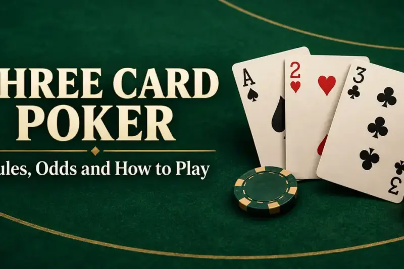 Three playing cards and green-and-gold casino chips on emerald felt beside the title “Three Card Poker: Rules, Odds and How to Play.”