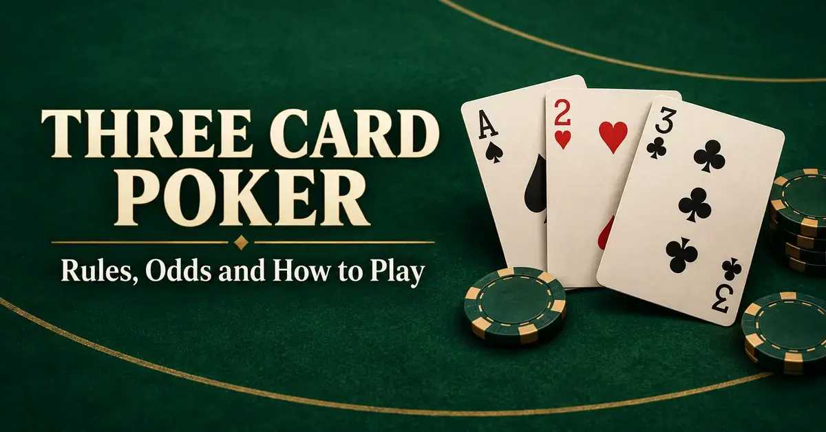 Three playing cards and green-and-gold casino chips on emerald felt beside the title “Three Card Poker: Rules, Odds and How to Play.”
