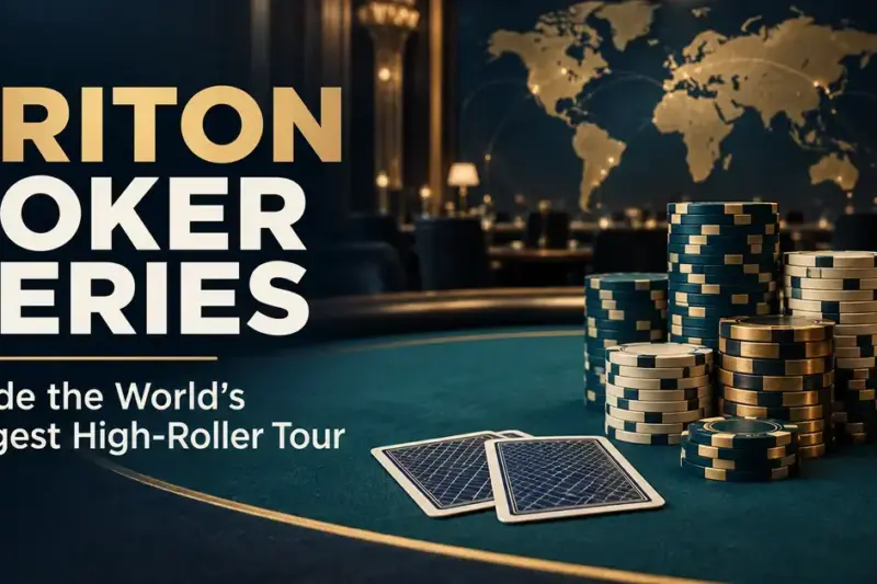 Triton Poker Series article graphic featuring teal and gold poker chip stacks, two face-down cards, and a world map in a luxury poker room.