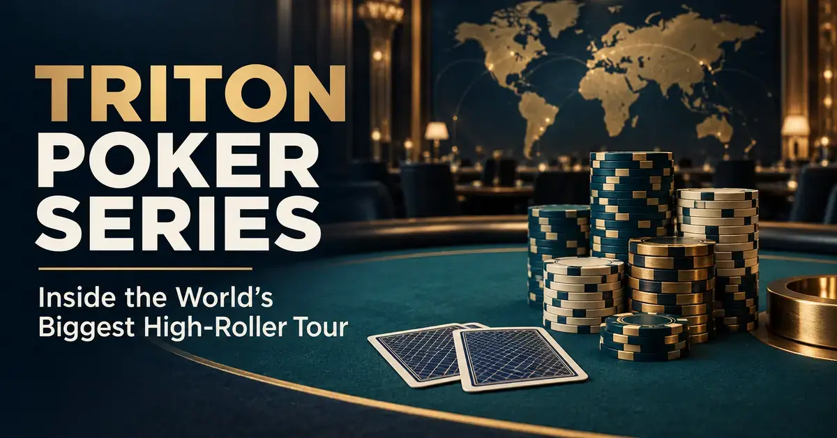 Triton Poker Series article graphic featuring teal and gold poker chip stacks, two face-down cards, and a world map in a luxury poker room.