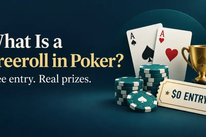 Playing cards, poker chips, a gold trophy, and a $0 entry ticket illustrate freeroll poker tournaments with free entry and real prizes.