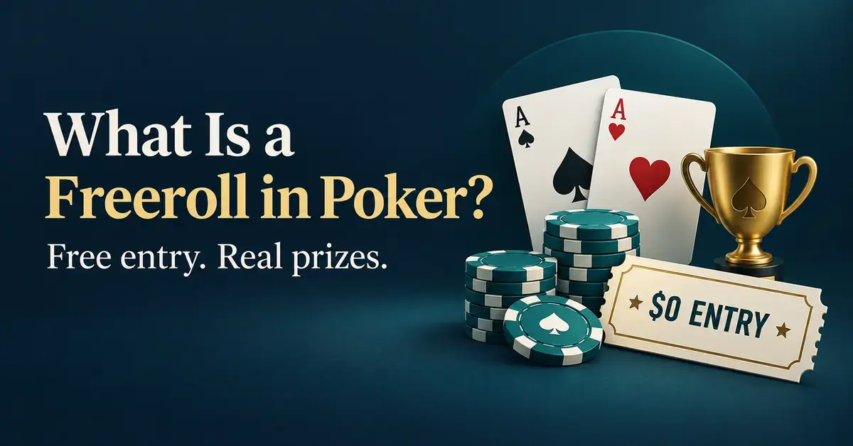 Playing cards, poker chips, a gold trophy, and a $0 entry ticket illustrate freeroll poker tournaments with free entry and real prizes.