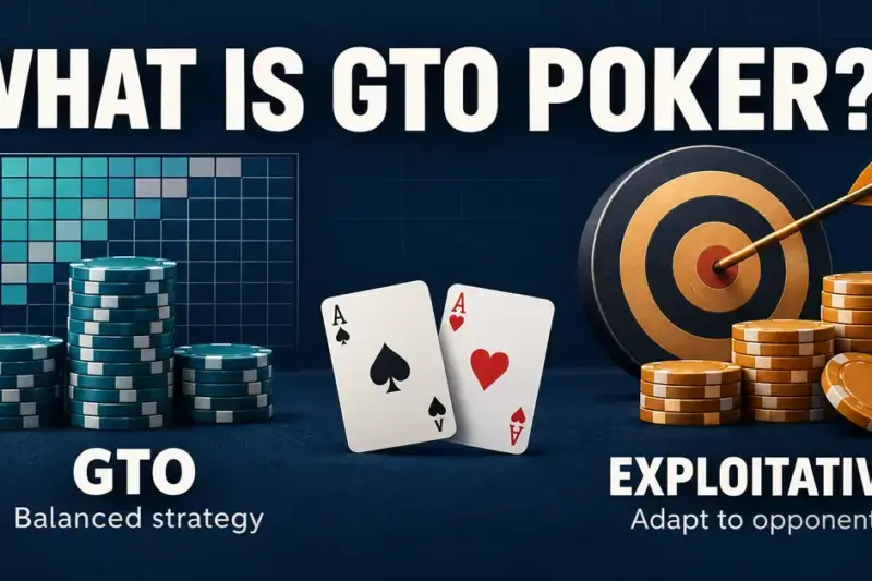 Poker strategy graphic comparing balanced GTO play with adapting to opponents through exploitative play, illustrated with cards, poker chips, a strategy matrix, and a target.