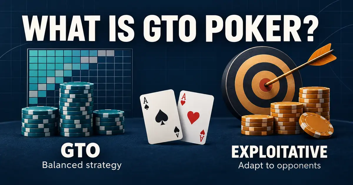 Poker strategy graphic comparing balanced GTO play with adapting to opponents through exploitative play, illustrated with cards, poker chips, a strategy matrix, and a target.