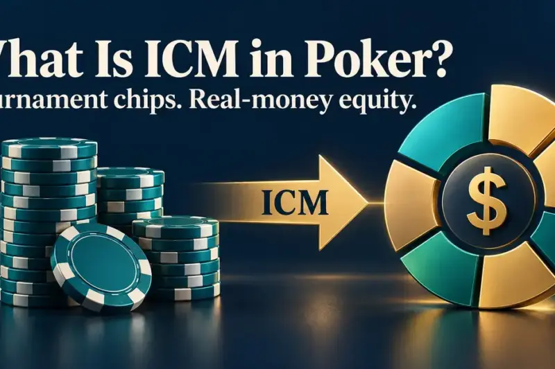 Poker chip stacks point through an ICM arrow to a segmented prize-pool graphic, illustrating how tournament chips translate into estimated real-money equity.