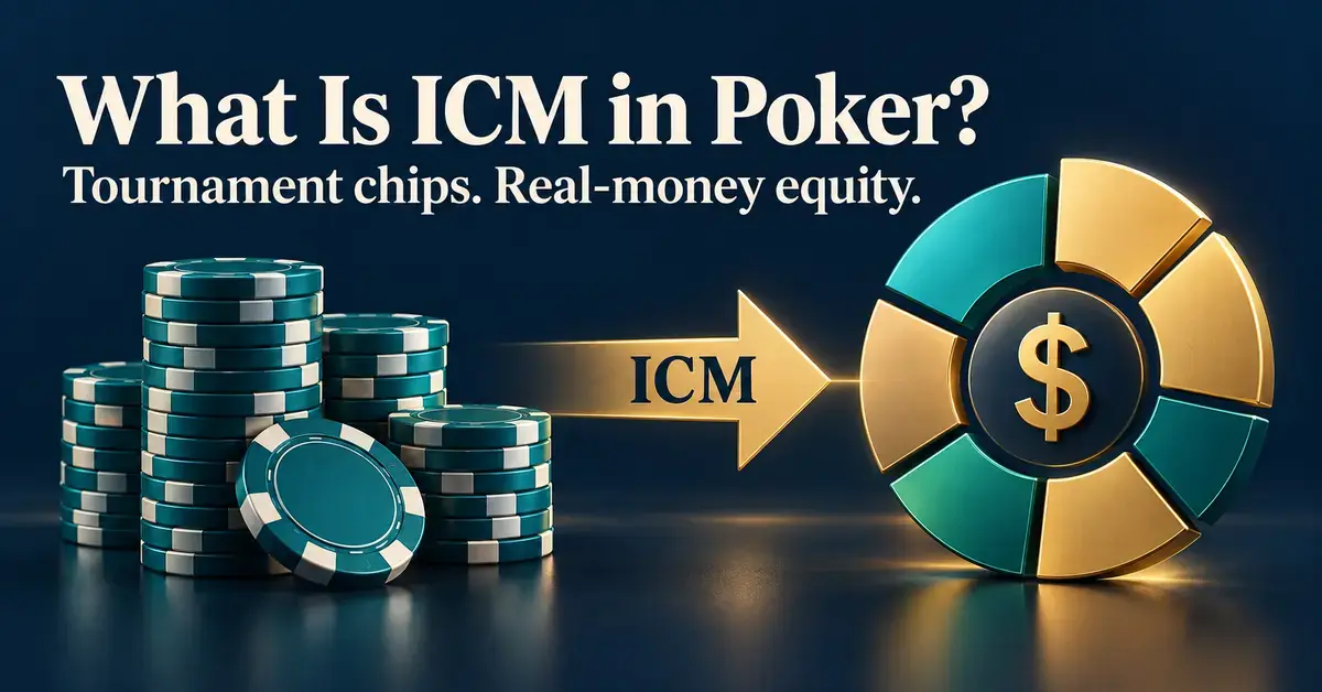 Poker chip stacks point through an ICM arrow to a segmented prize-pool graphic, illustrating how tournament chips translate into estimated real-money equity.